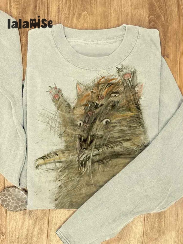 Vintage Cut Cat Print Casual T Shirt Lalamise 